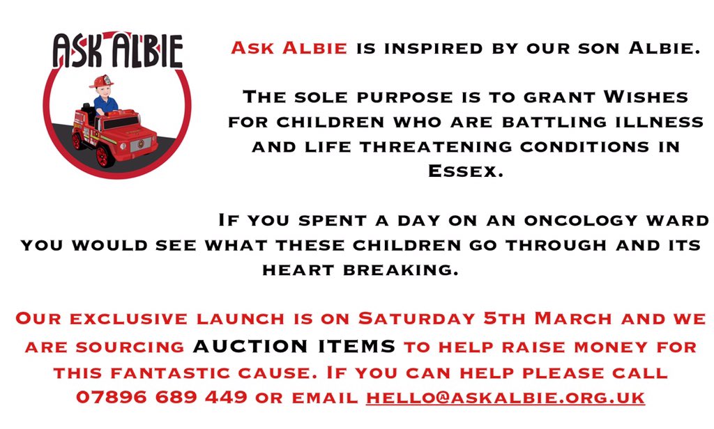 AskAlbie's tweet photo. Our launch of ask albie is approaching and we are sourcing AUCTION ITEMS. Please RT &amp; help spread the word #charity https://t.co/zMny2wDZLI