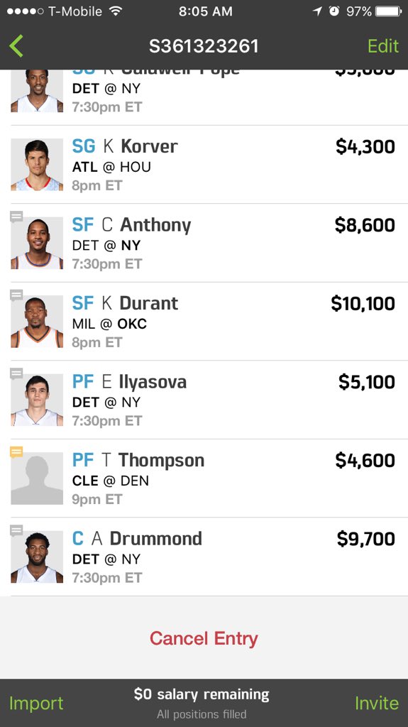 DFScashking's tweet photo. Second lineup for #fanduel #main 7:30 pm https://t.co/M8zdLX7BfY