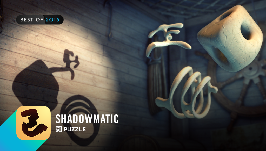 AppStoreJP's tweet photo. 影絵パズルの「Shadowmatic」を"Best of 2015"に選出。光を当てられた不思議な形のオブジェクトを操作して、影で正解の絵を見つけ出そう。 https://t.co/dqg8VFZALa #AppStore2015 https://t.co/brGaASjlGJ