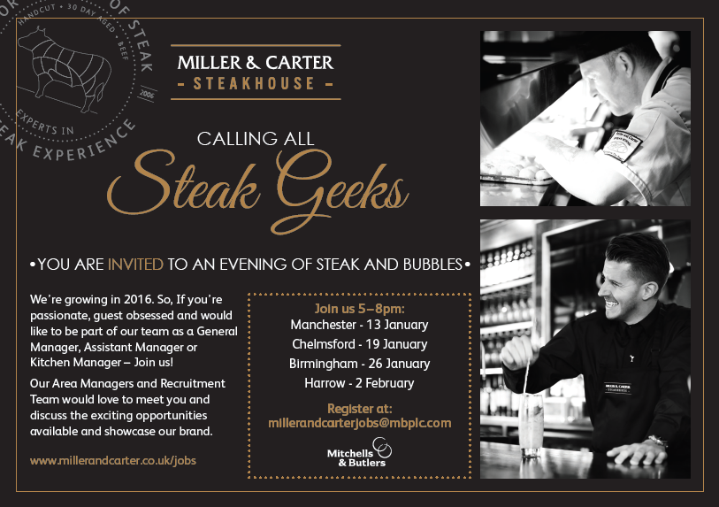 Looking for a new job in 2016?Meet the <a href="/MillerandCarter/">Miller & Carter</a> Careers Team and enjoy some steak &amp; bubbles in the New Year