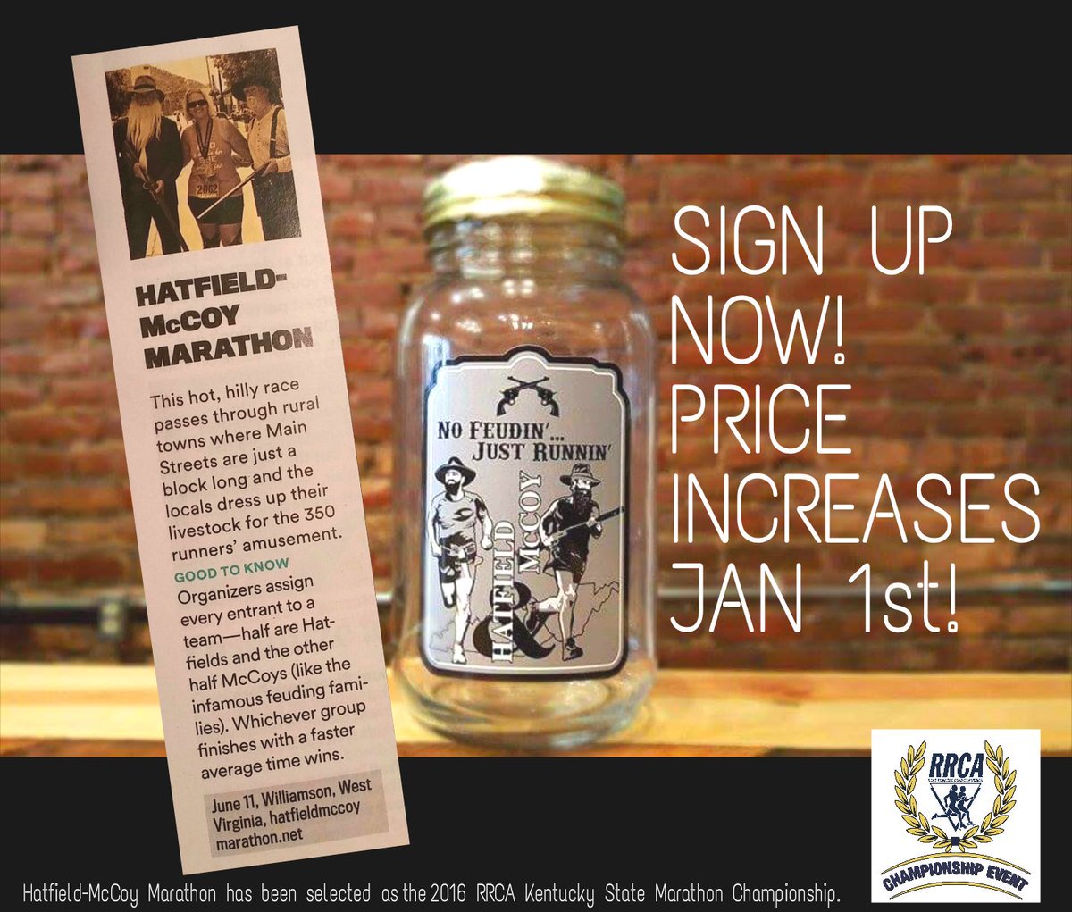 HMMarathon00's tweet photo. Prices increase for the Hatfield-McCoy Marathon on Jan 1!

#marathon 
#running
#bucketlist
#RRCA
#runnersworld https://t.co/e6zyblnvk1
