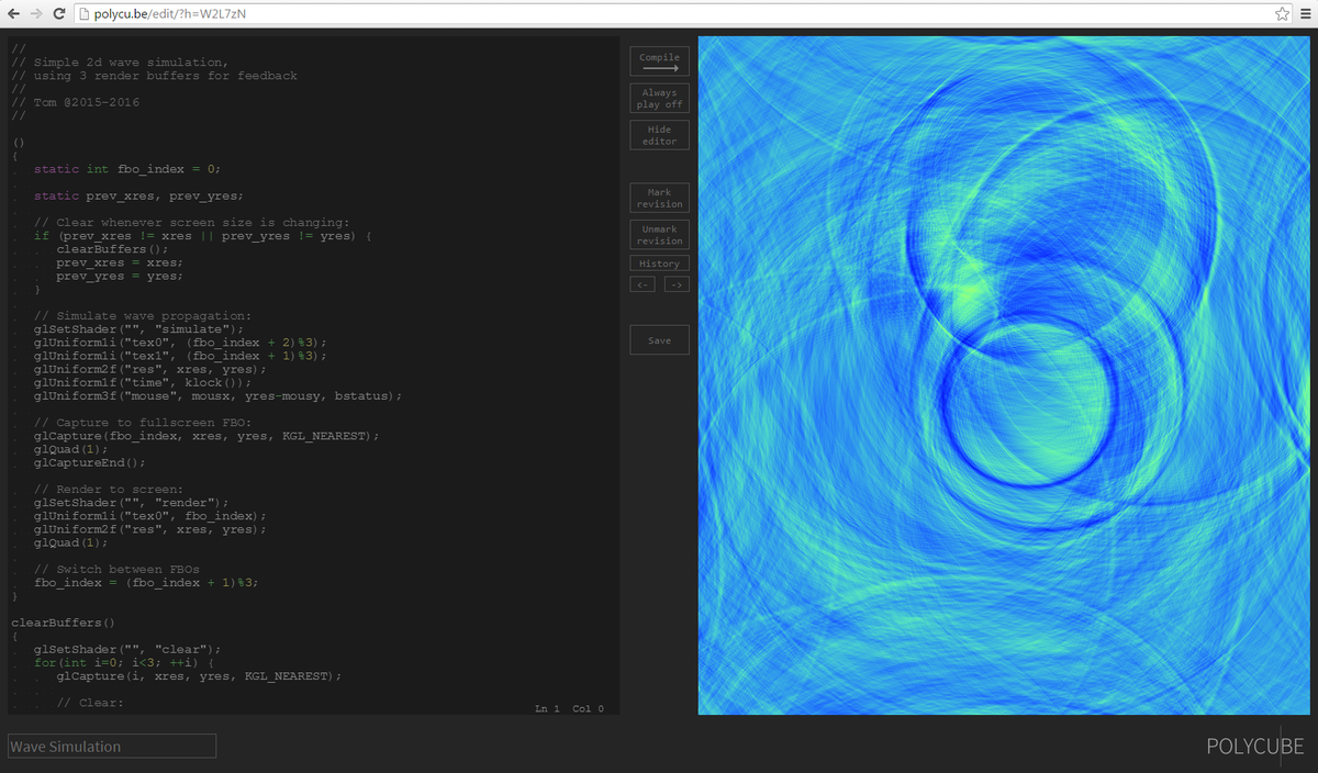 polycu_be's tweet photo. https://t.co/eVrFTQ5iqA Simple wave propagation on GPU using 3 render buffers for feedback #webgl #shaders https://t.co/PLVjdtuov1