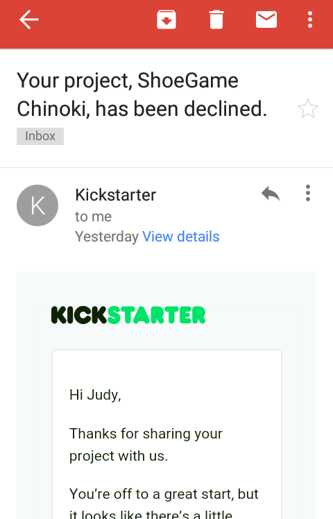 ShoeGameChinoki's tweet photo. @kickstarter Thanks anyways :) https://t.co/W5ZuPrMSPH