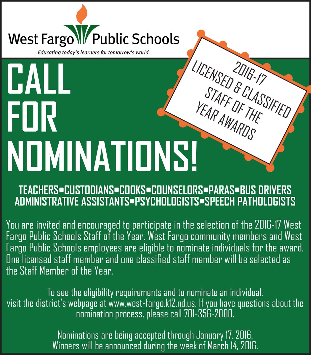 Nominate a <a href="/WFPSchools/">West Fargo Public Schools</a> staff member now! west-fargo.k12.nd.us/district/staff…