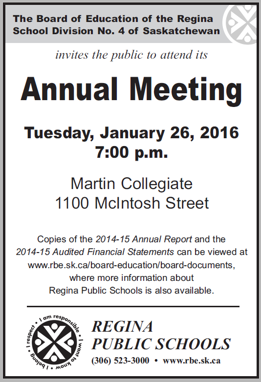 RegPublicSchool's tweet photo. Annual Meeting of the Board of Education  is on January 26, 2016, 7 pm at Martin Collegiate, 1100 McIntosh Street. https://t.co/faGdS4IvI8