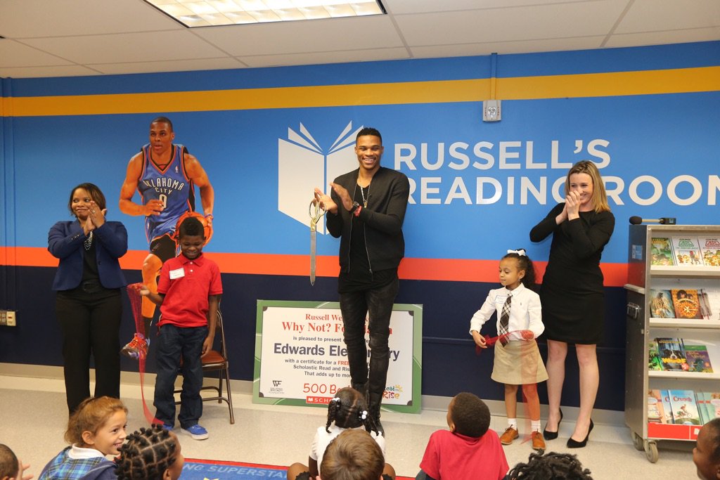 russwest44's tweet photo. Opened our 7th #RussellsReadingRoom today, 4th in OKC, and sent every kid at Edwards Elem home with a new book! https://t.co/nXTpMLKP1t
