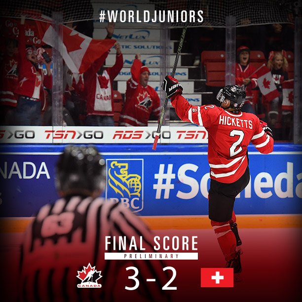HockeyCanada's tweet image. Canada defeats Switzerland in a shootout victory. 
bit.ly/1OWUnJc #CANvsSUI #WorldJuniors