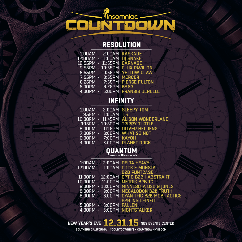 insomniacevents's tweet photo. #CountdownNYE set times are HERE! Get ready for an expanded, 3-stage extravaganza! 🎉🎊 https://t.co/8wYt669FK6 https://t.co/QbsydkRdi9