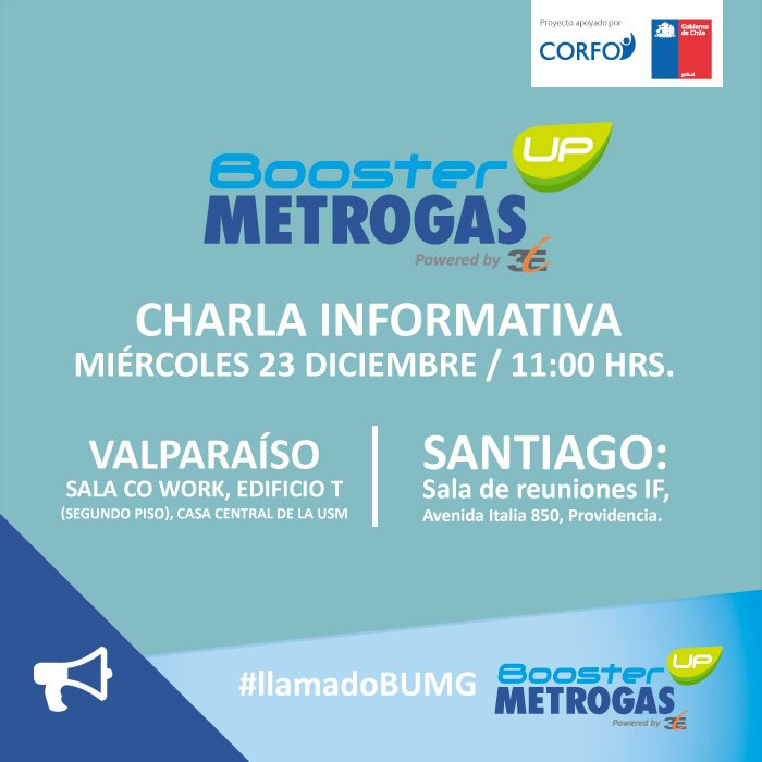 startupchile's tweet photo. Inscríbete en  las charlas informativas de #BoosterUpMetrogas!
Link para inscripciones: https://t.co/aB4MCANDqd https://t.co/AO1mYu9WXs