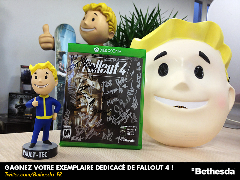 Bethesda_fr's tweet photo. Follow + RT pour tenter de gagner votre exemplaire X1 de Fallout 4 dédicacé par @BethesdaStudios ! (TAS le 05/01) https://t.co/vW66HZZppl