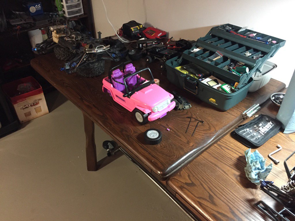 pawtnick's tweet photo. Even the odd Barbie Jeep ends up in the RC work shop for a repair! #hobbies #radiocontroled https://t.co/IkwaSU1XN6