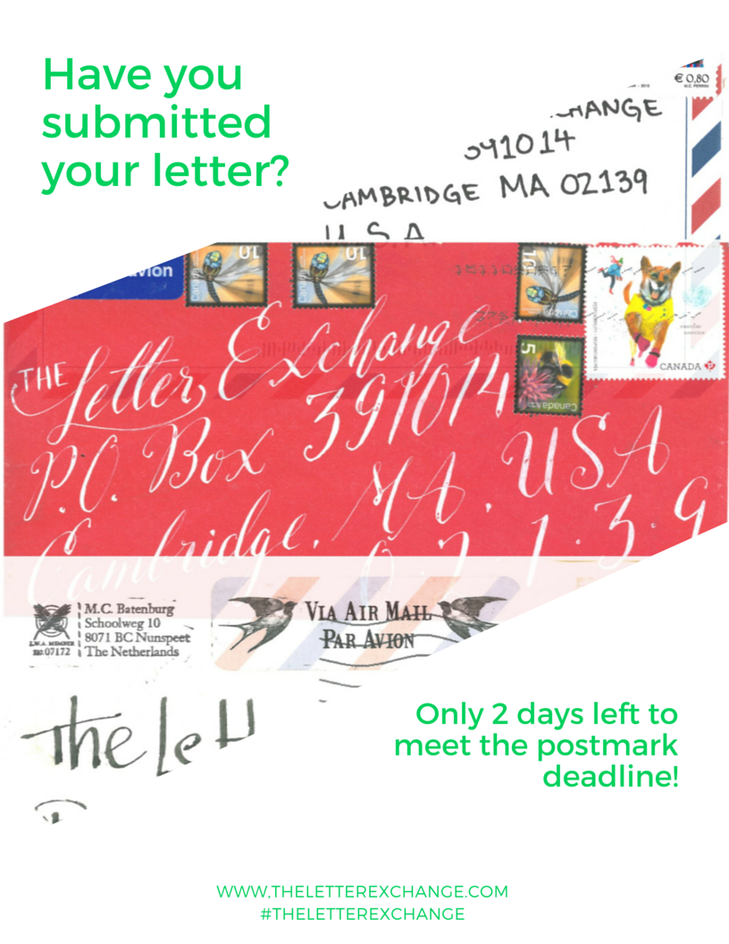 letter_exchange's tweet photo. Time is running out. Send in your submissions today! #theletterexchange https://t.co/60KX9ONsyp
