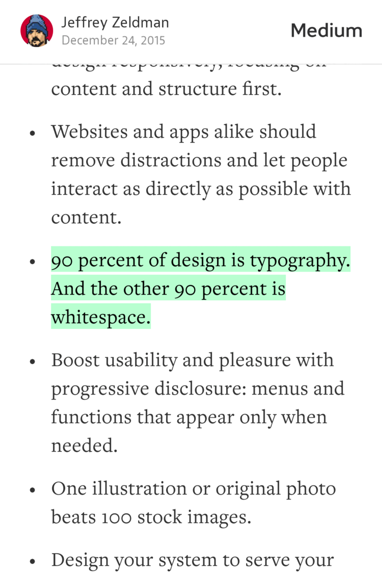 DanielPink's tweet photo. “90 percent of design is typography. And the other 90 percent is whitespace.” — @zeldman https://t.co/NAwEP0mHMl https://t.co/lsbPf6ftfa