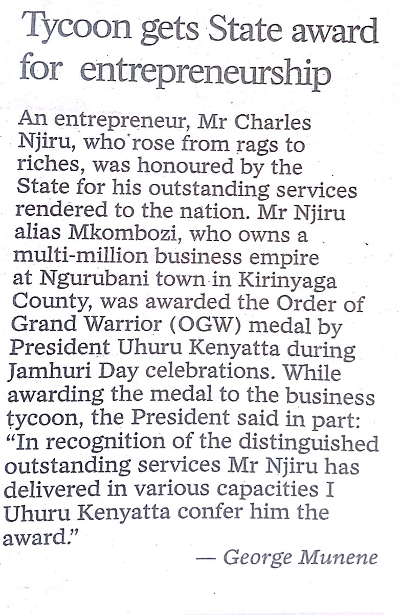 Congratulations to Mr Njiru Mkombozi on receiving Order of the Golden Warrior from President Uhuru Kenyatta.Hongera.