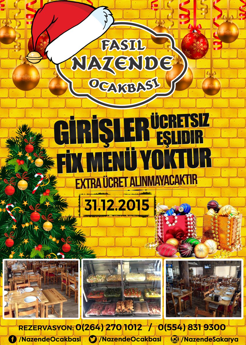Yeni Yıla #Nazende'de giriyoruz!
Yılbaşı gecesi için Nazende'de yerinizi hemen ayırın..
Rezervasyon: 0(264) 270 1012
