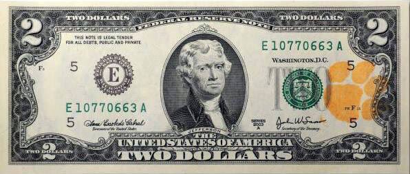 CUTigers_com's tweet photo. Don't forget 2 pack your $2 bills for painting Miami Orange this weekend! Thomas Jefferson is a Clemson fan. #ALLIN https://t.co/P6JgpuXCmb