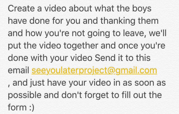 SYLProject2's tweet photo. Get your videos in guys!! We need to start putting the video together ! Send it to the email :) #SeeYouLaterProject https://t.co/pALPAjRMeL