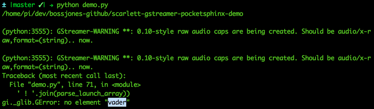 scarlettapp's tweet photo. Late FYI. Vader element doesn't exist in pocketsphinx HEAD anymore. #iAmLateToTheParty #GStreamer #cmusphinx https://t.co/WvlEsYjJPf