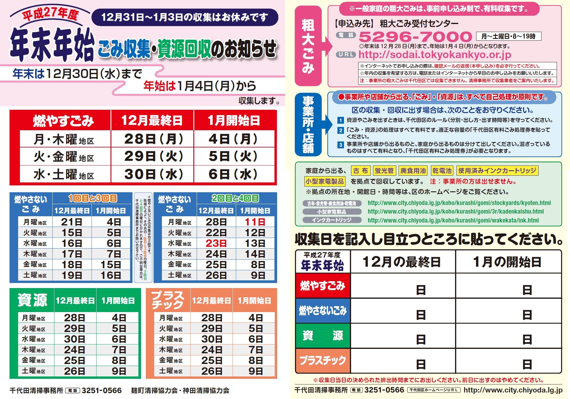 千代田区 Auf Twitter 年末年始のごみ収集 資源回収のお知らせ 年末のごみの収集は 本日30日で全て終了しました 年始のごみ収集 は 添付画像のちらしをご欄になるか 集積所の 年末の最終日 年始の開始日 の貼紙でご確認ください Https T Co Yrcjescyqx