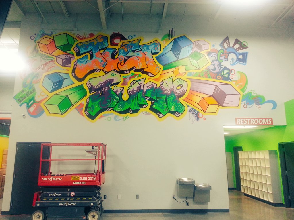 MajicRobot's tweet photo. Continuing the awesome down at the trampoline park! #justjump #trampolinepark #graffiti #majicrobot #girlgraffiti https://t.co/tvS8vADFgR