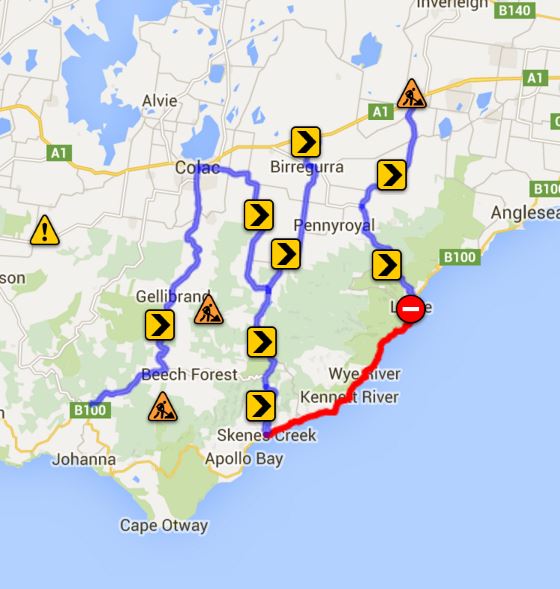 A reminder of the detours in place for the Great Ocean Rd closure from #Fire - info at traffic.vicroads.vic.gov.au