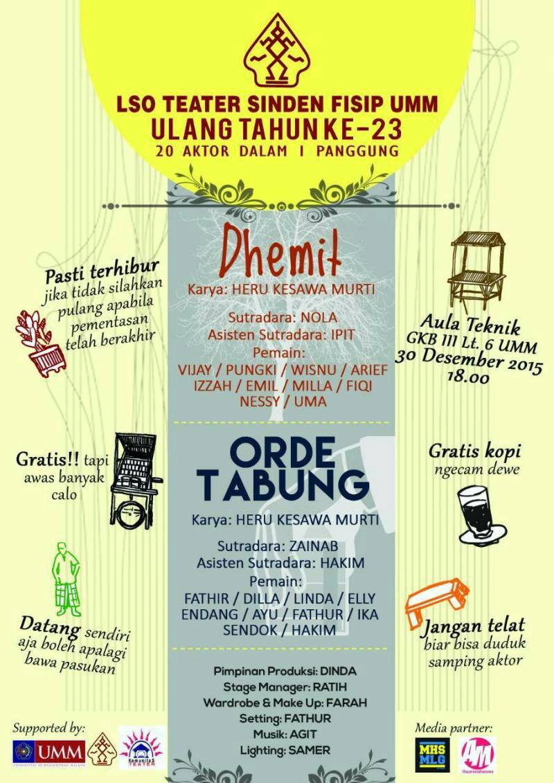 Jangan lewatkan, pementasan dari Teater Sinden
Malam ini di Aula Teknik lt.6 GKB III UMM Kampus 3

Yook, merapat..