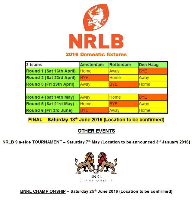 NL_Rugby_League's tweet image. The 2016 NRLB domestic calendar has been confirmed. Save the dates. #RugbyLeague #DutchRL #RLdevelopment