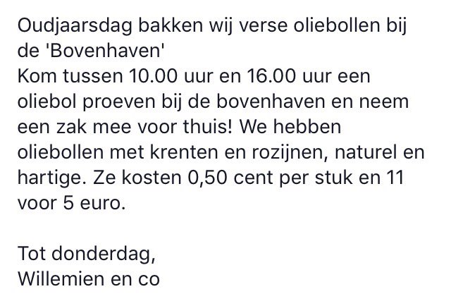 Morgen gaan we oliebollen bakken bij de bovenhaven dus kom gezellig even een oliebol proeven!