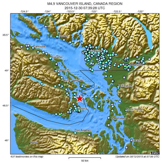 LastQuake's tweet photo. M4.9 #earthquake (#séisme) strikes 74 km S of #Vancouver (#Canada) 17 min ago. Updated map of its effects: https://t.co/1fAof5OH23