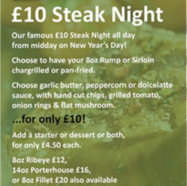 Have you made any plans for New Years Day yet? Our £10 steak offer is available all day. Don't miss out!