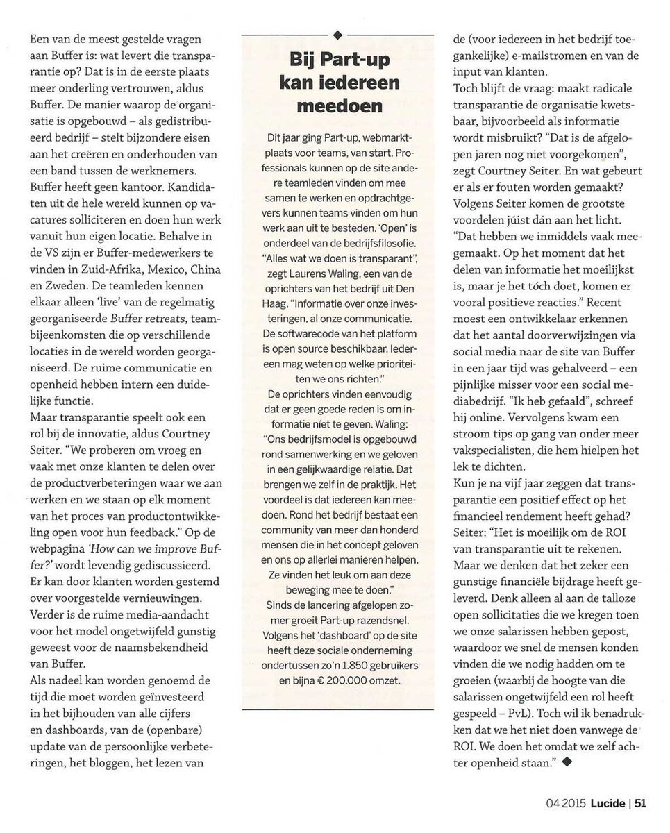 Partupcom's tweet photo. Nice! Part-up mentioned as a radical open and transparant #startup in this article in #Lucide. #NVTZ #Partup #Buffer https://t.co/6SbbyxwtxA