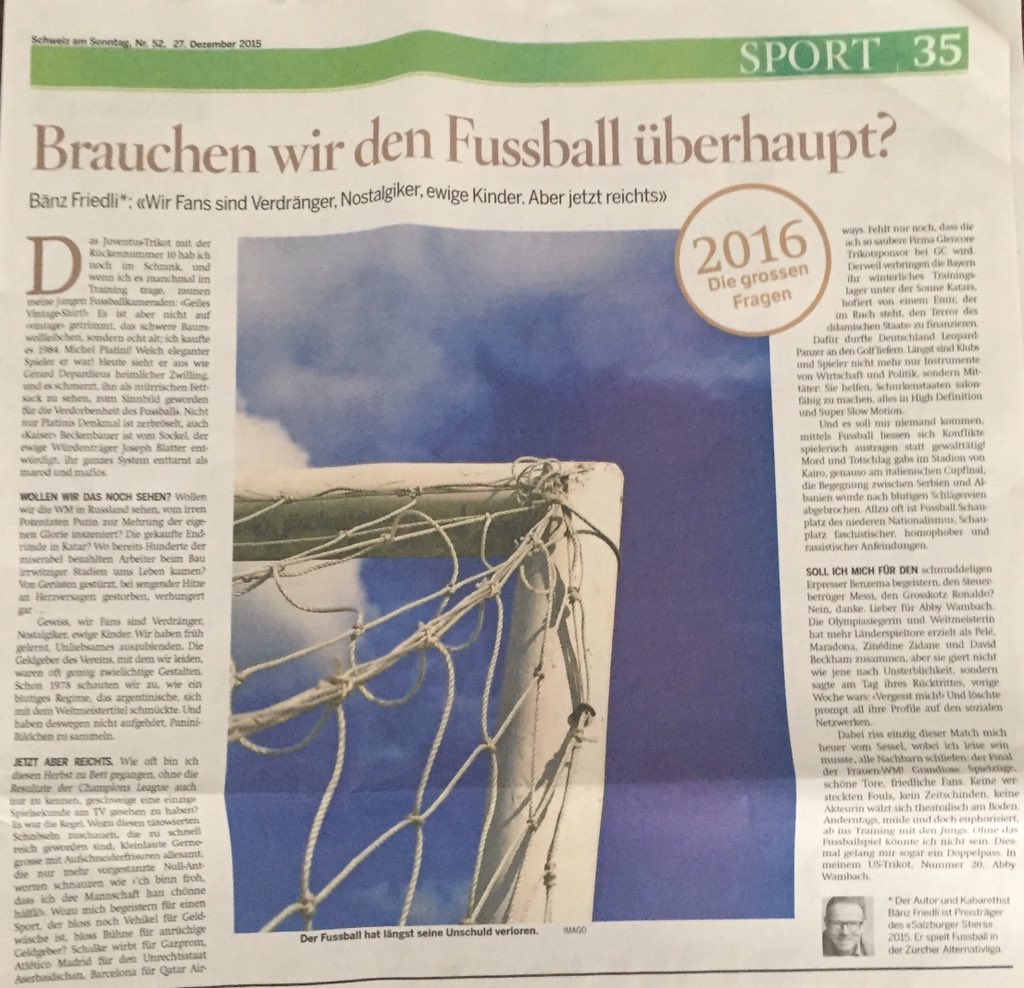 #BänzFriedli 's Sicht der Dinge im @schweiz_sonntag widerspiegelt die scheinheilige Wahrheit des Fussballs - Amen!