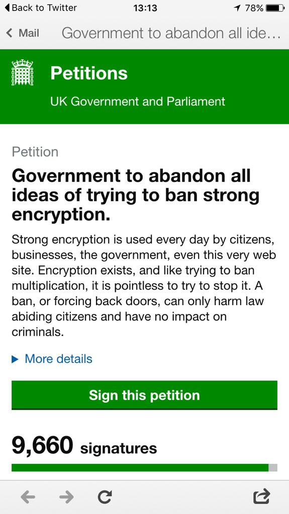 AlecMuffett's tweet image. This UK pro-encryption Petition is 340 signatures short of its first milestone:
petition.parliament.uk/petitions/1063…