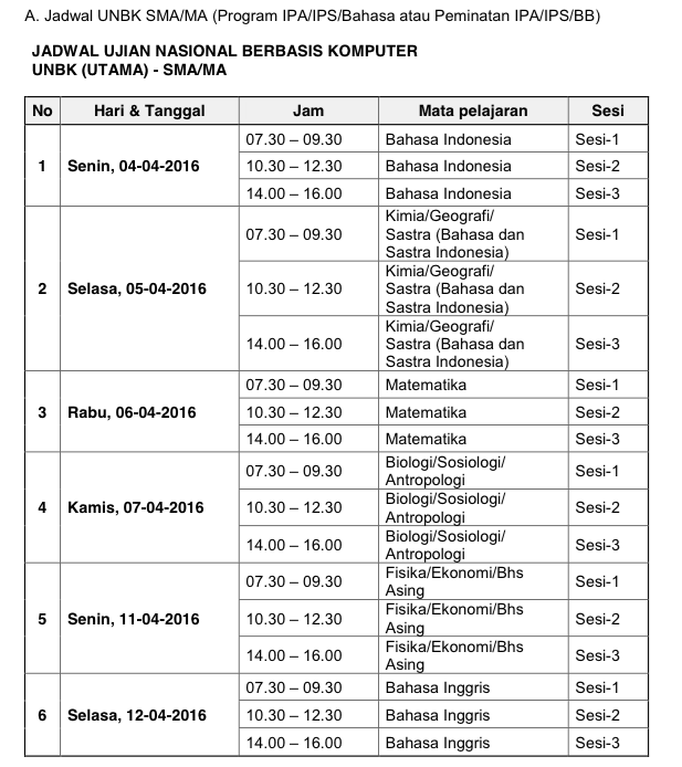 Jadwal Ujian Nasional Berbasis Komputer (CBT) 2015/2016 SMA Program IPA, IPS dan Bahasa