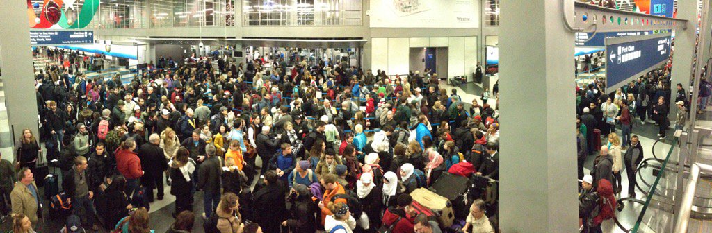 Yikes. Security lines 8 rows deep, wait times over an hr at #Ohare airport. We're covering delays on <a href="/CBSThisMorning/">CBS Mornings</a>