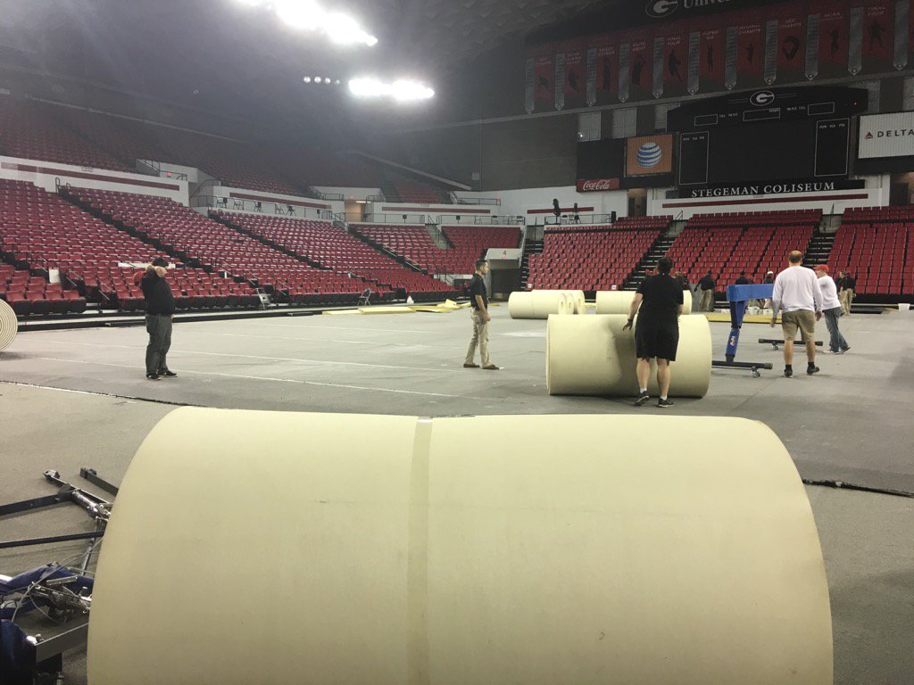 UGAFACILITIES's tweet photo. Some of the behind the scenes work as we set up Stegeman for gymnastics. https://t.co/lUOqBnHHiw