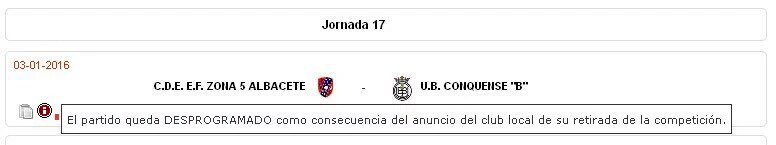 ÚLTIMA HORA | El <a href="/CFZona5ab/">C.F. ZONA 5 ALBACETE</a> se retira de la competición quedando desprogramado su partido ante la <a href="/UBConquense/">UB Conquense</a> B