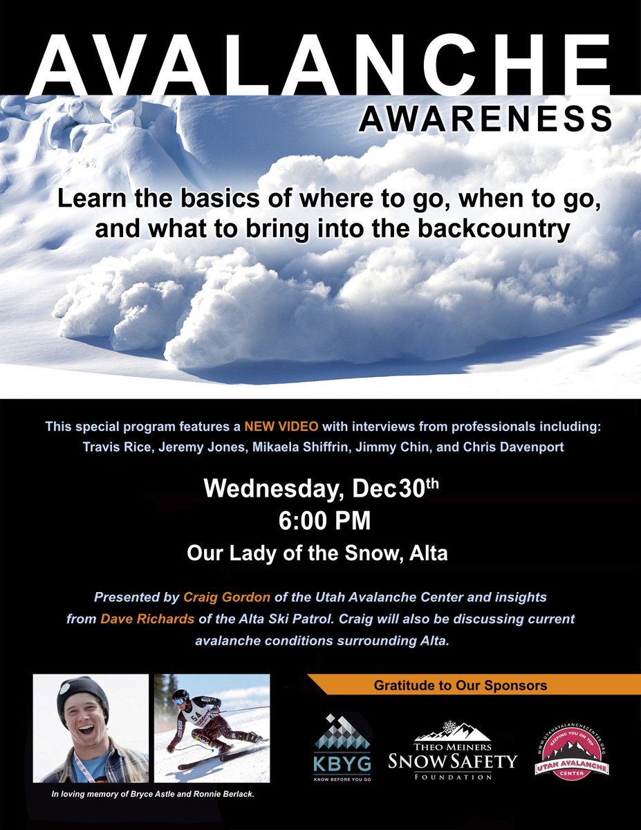 UtahAvalanche's tweet photo. Craig Gordon discusses current Central Wasatch Avalanche conditions at Our Lady of Snows Center tonight at 6. https://t.co/K2oASy206B