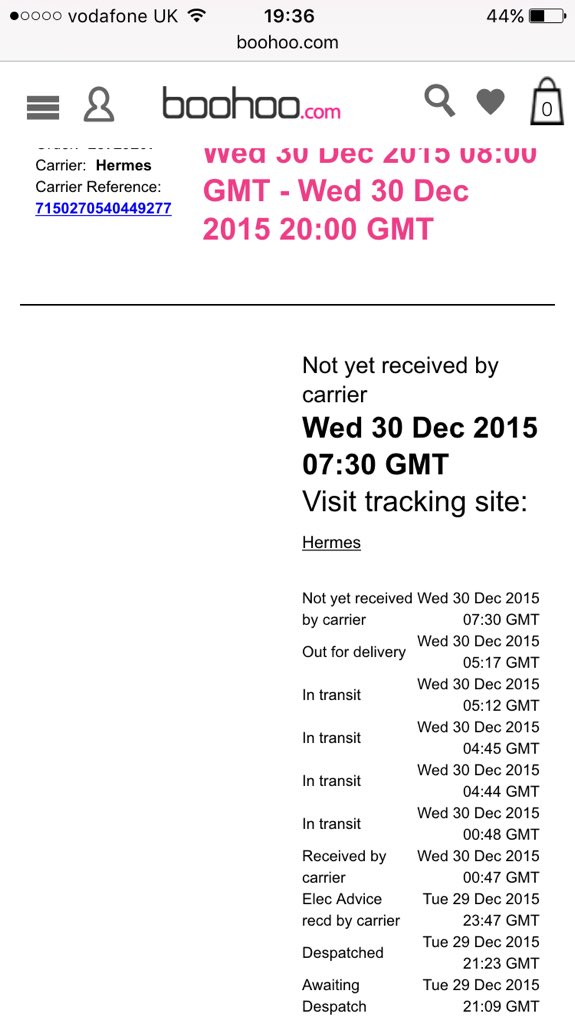 Beth_Pow's tweet photo. @boohoo_cshelp can you tell me what this latest status means please? Will I get my parcel today? Thanks https://t.co/7uaQiNminS