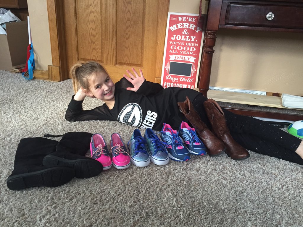 CristiEmery84's tweet photo. It was a #MerryChristmas for this 8 year old! @saucony @Keds @sperrytopsider #cowgirlboots #blackfringe https://t.co/hj9whnxXu7
