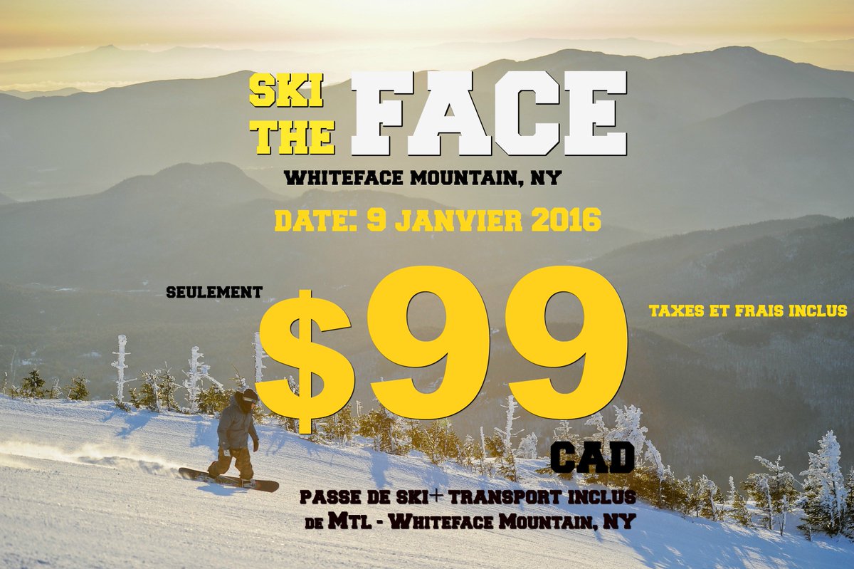 SKI_MTL_NY's tweet photo. Allô #mtl ! #promoski $99cn taxe+frais inclus pour 1 journee de #ski+transport a #Whiteface
https://t.co/dld3H3YnsB https://t.co/iopytaSMFE