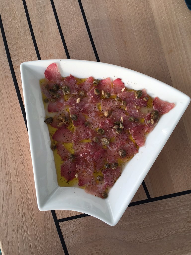 thebiteatduke's tweet photo. How to make best tartare ever: Go to ocean. Catch tuna. Filet. Serve immediately w/ EVOO, s&amp;p, capers. #biteonbreak https://t.co/NUVKNKd60m
