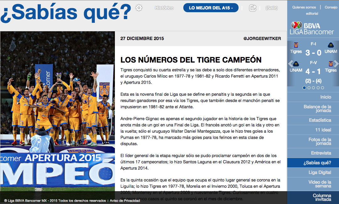 Los mejores datos del @TigresOficial CAMPEÓN del #Apertura2015 están en la #RevistaDelFUTMX bit.ly/1UntbGJ