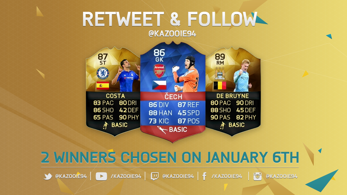 Kazooie94's tweet photo. Retweet &amp; Follow for a chance to win RB Čech, TIF de Bruyne, IF Diego Costa &amp; more! Thanks to @EASPORTSFIFA https://t.co/OQvicO9JIQ