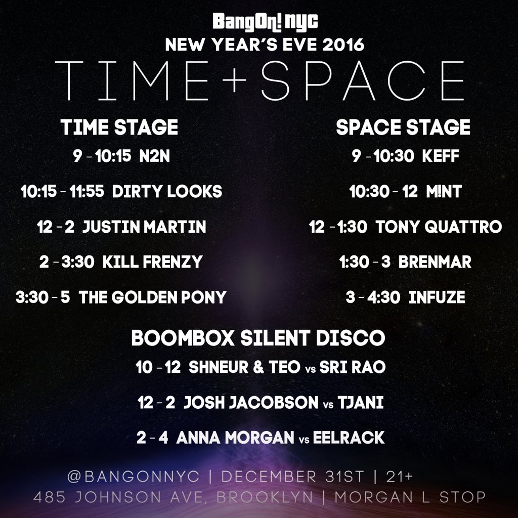 Tomorrow!! We'll be warming up the Silent Disco from 10-12 for <a href="/bangonnyc/">BangOn!NYC</a>!! 🎉🎉🎉🎉

#NYE2016 #TimeandSpace