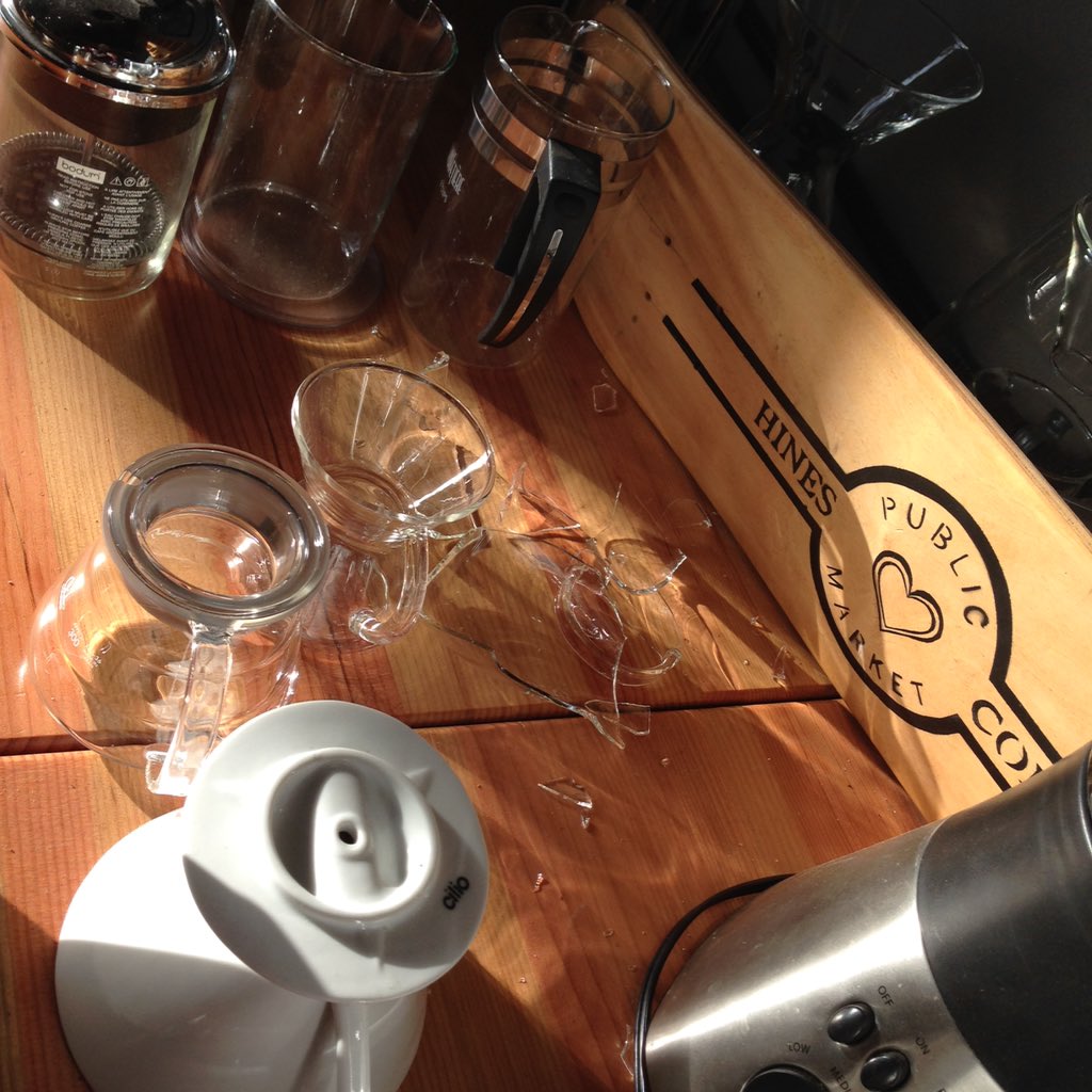 The aftermath of the great Vancouver earthquake of 2015. One broken decanter. A tragedy. #originscoffeeroasters