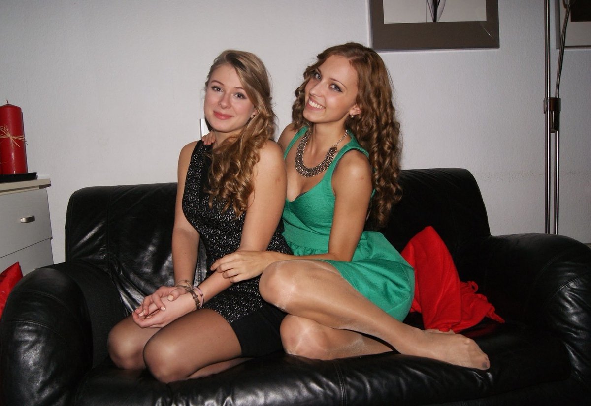 Two cuties on the couch in pantyhose... love the girl in shiny hose #amateu...