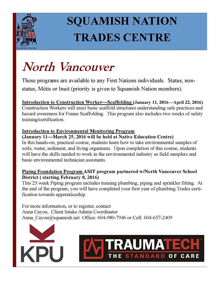StitsmaSn's tweet photo. #SquamishNation #Stitsma #Programs #NewYearNewSkills Programs start Jan 11 @tracymitchel @stitsma @SNTradesCentre https://t.co/ZYuV29zSP2
