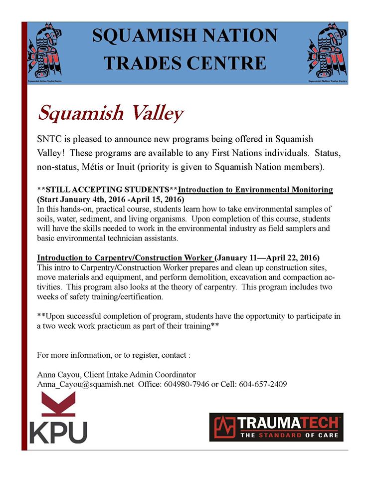 StitsmaSn's tweet photo. #SquamishNation #Stitsma #Programs #NewYearNewSkils inquire for start date @tracymitchel @SNTradesCentre @RePeteComm https://t.co/lRdqSagxlo