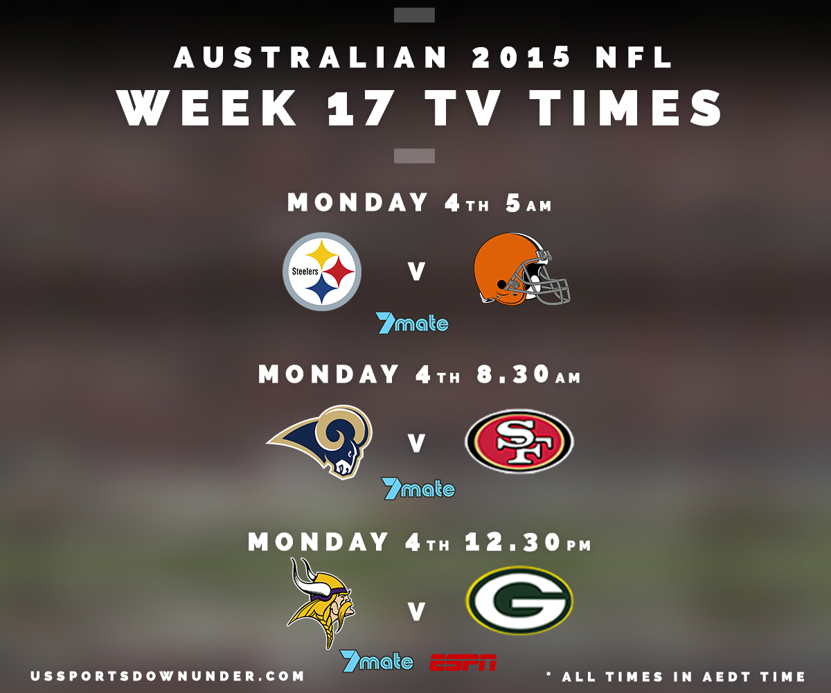 NFLFansDownUndr's tweet photo. The last week of the 2015 regular season is upon us! All games on Monday this wk. For info: https://t.co/btYBKHjbUP https://t.co/Sp2LhvIt4F